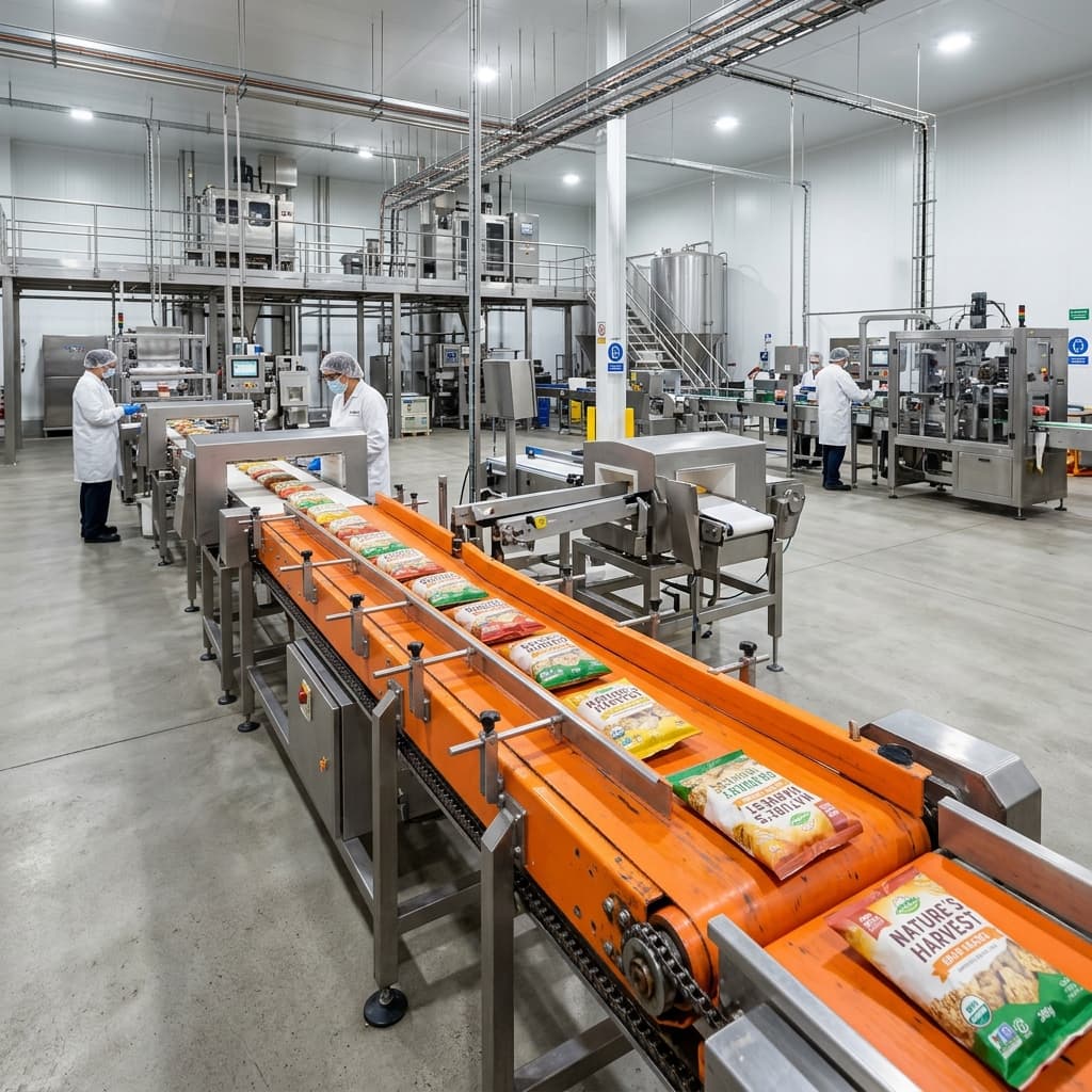 Food processing factory with conveyor belt